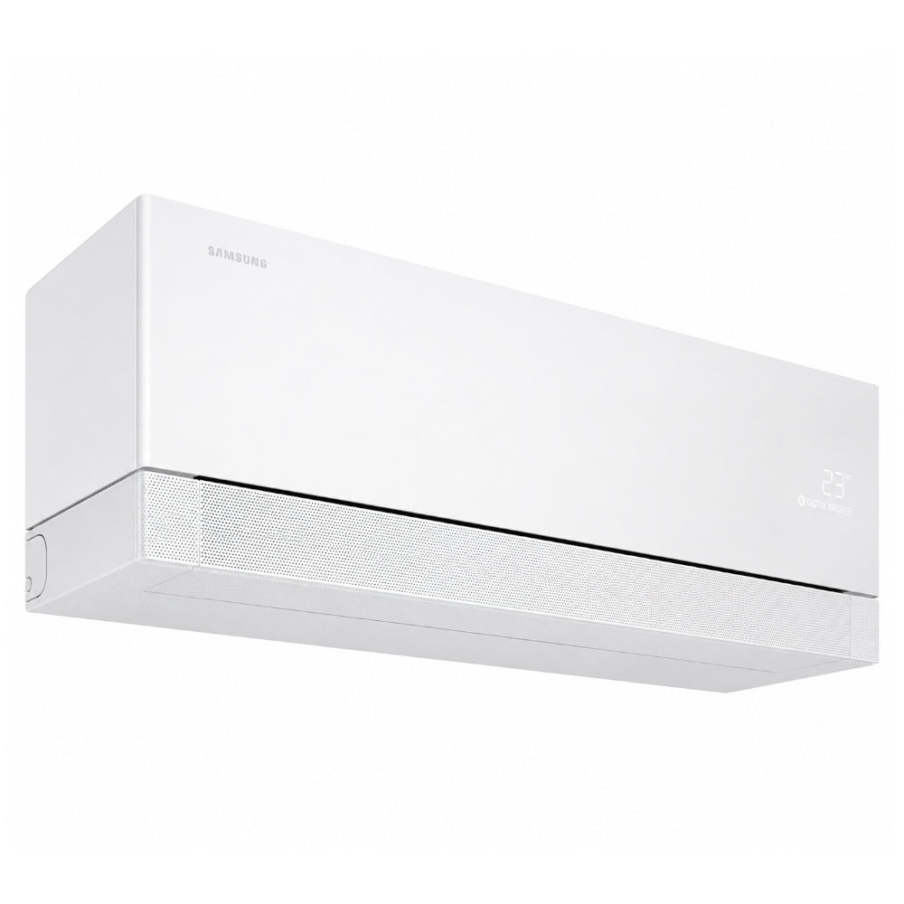 Samsung Klimaanlage Wandgeraet WindFree Première/+, weiss, schraeg von unten mit Lochraster und Display | Klimaworld.com
