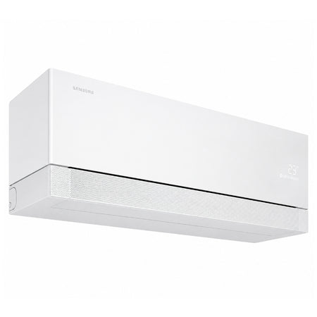 Samsung Klimaanlage Wandgeraet WindFree Première/+, weiss, schraeg von unten mit Lochraster und Display | Klimaworld.com
