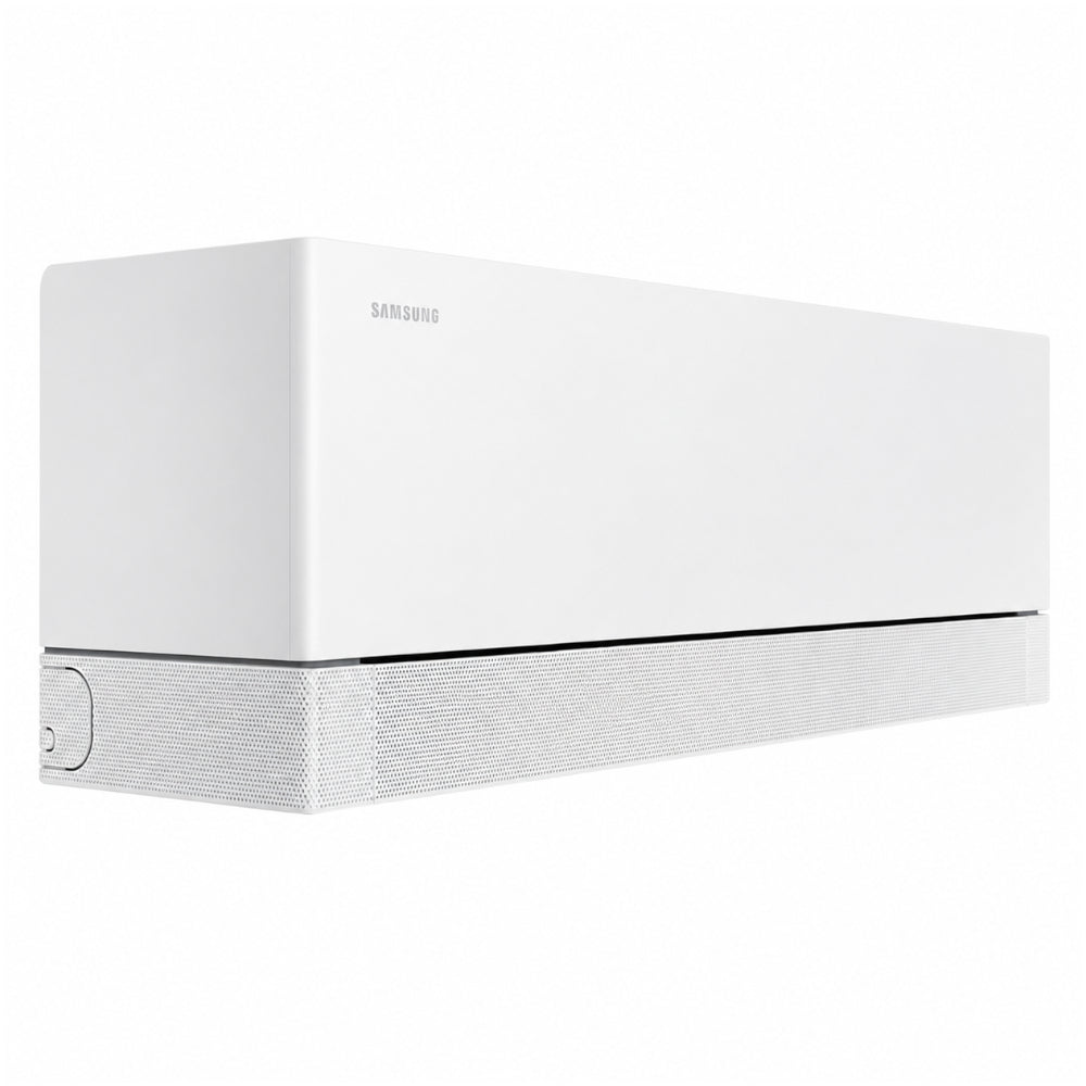 Samsung Klimaanlage Wandgeraet WindFree Première/+, weiss, schraeg von links mit Lochraster an Unterseite | Klimaworld.com
