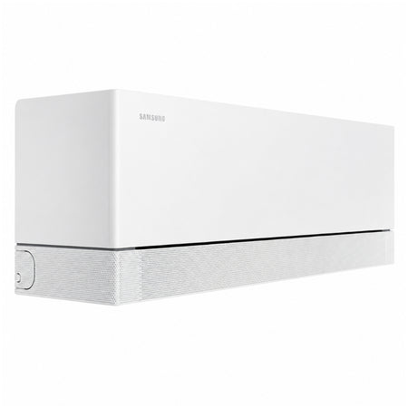 Samsung Klimaanlage Wandgeraet WindFree Première/+, weiss, schraeg von links mit Lochraster an Unterseite | Klimaworld.com
