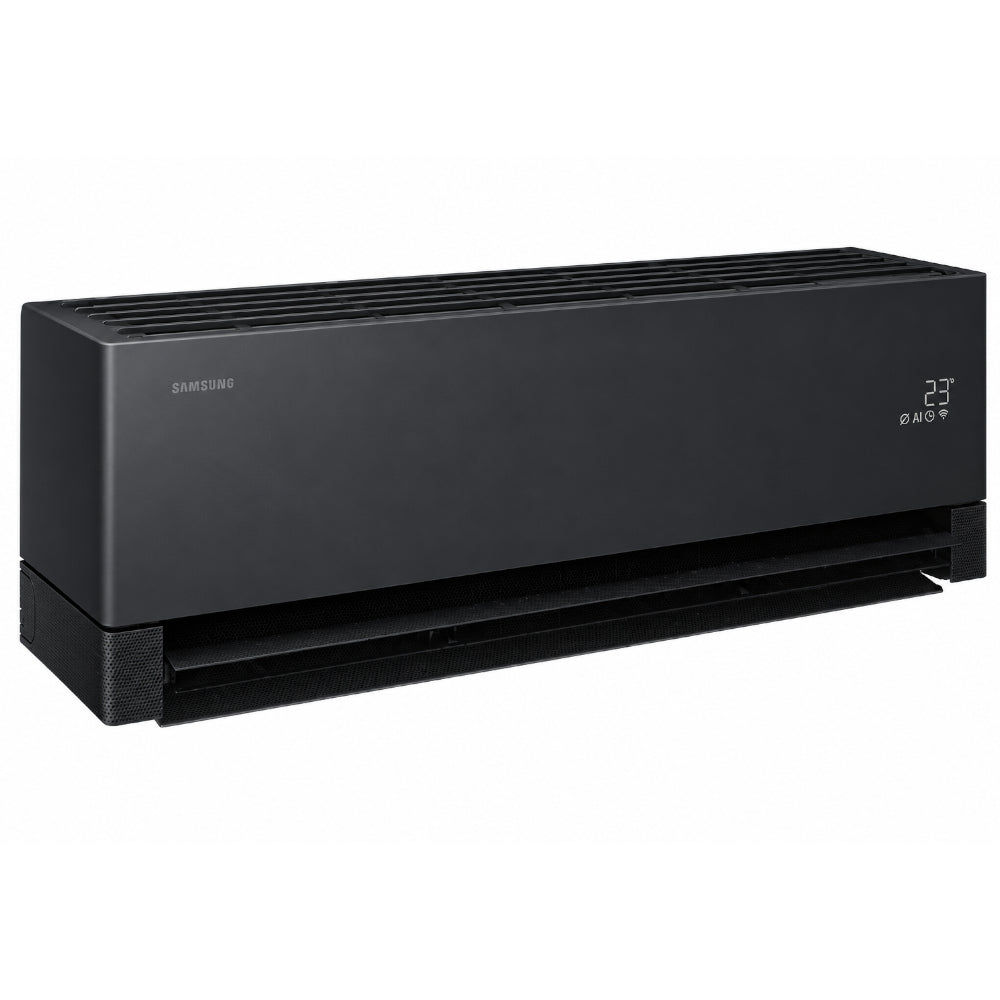 Samsung Klimaanlage Wandgeraet WindFree Première/+ in Schwarz, von oben mit Luftgittern und offener Luftklappe | Klimaworld.com
