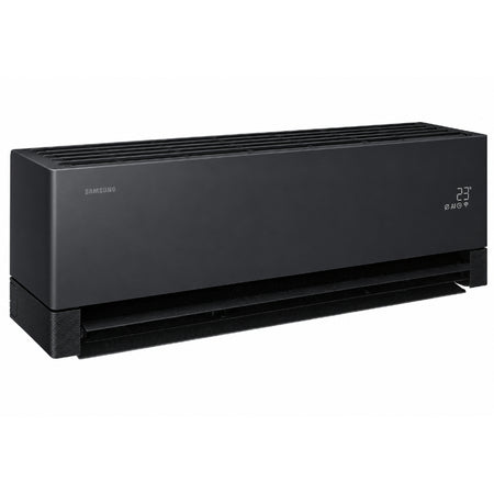 Samsung Klimaanlage Wandgeraet WindFree Première/+ in Schwarz, von oben mit Luftgittern und offener Luftklappe | Klimaworld.com
