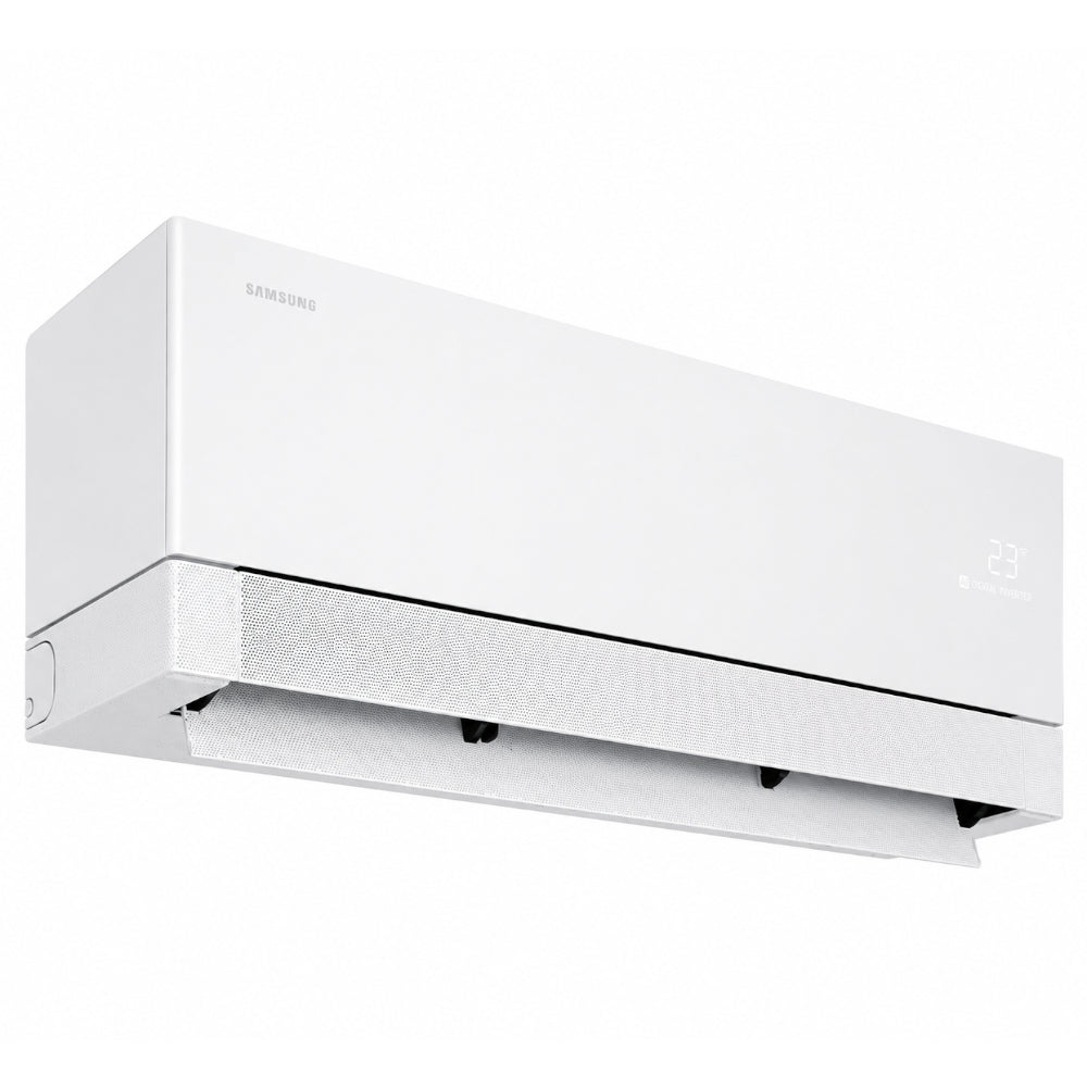 Samsung Klimaanlage Wandgeraet WindFree Première/+, weiss, schraeg von unten, Luftklappe teilweise offen | Klimaworld.com
