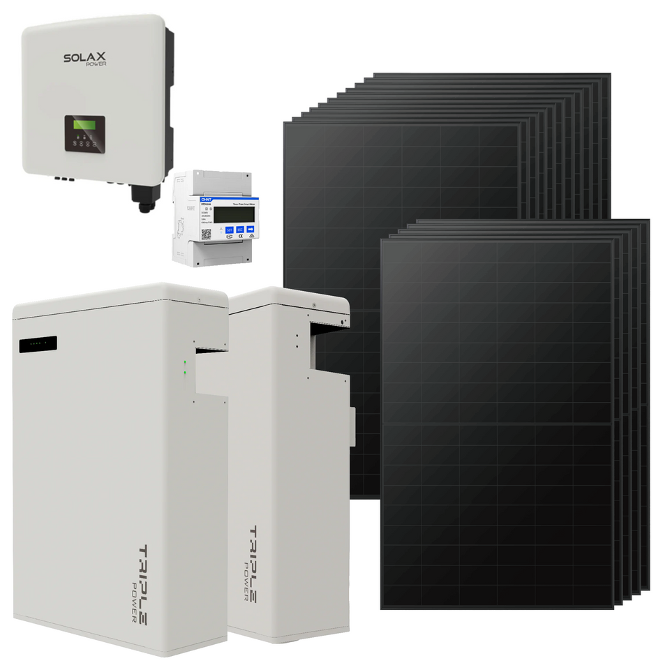 SolaX Solarset bestehend aus weissem Batteriespeichern, Wechselrichter und schwarzen Solarmodulen  | Klimaworld.com