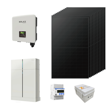 SolaX Solarset bestehend aus weissem Batteriespeichern, Wechselrichter und schwarzen Solarmodulen  | Klimaworld.com