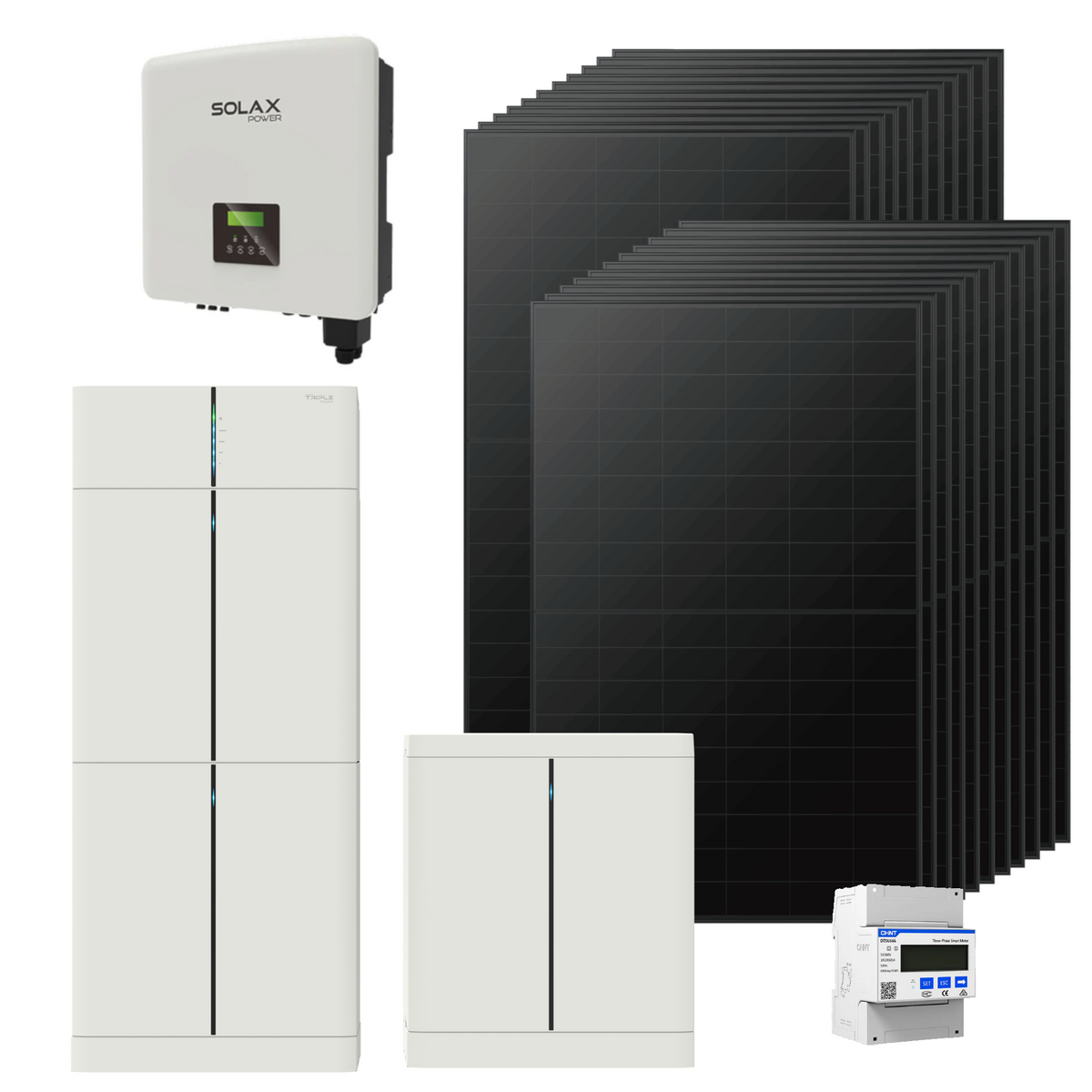 SolaX Solarset bestehend aus weissem Batteriespeichern, Wechselrichter und schwarzen Solarmodulen  | Klimaworld.com