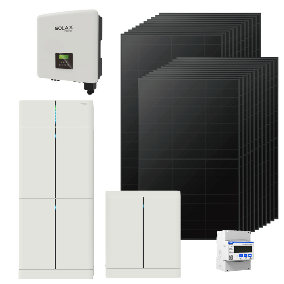 SolaX Solarset bestehend aus weissem Batteriespeichern, Wechselrichter und schwarzen Solarmodulen  | Klimaworld.com