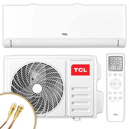 TCL TAC-CHSD Klimaanlage mit weissem Innen- und Aussengeraet, Fernbedienung und zwei Anschlussleitungen | Klimaworld.com
