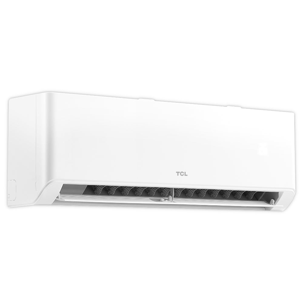 TCL TAC-CHSD Klimaanlage: weisses Innengeraet schraeg mit offener Luftklappe und sichtbaren Lamellen | Klimaworld.com
