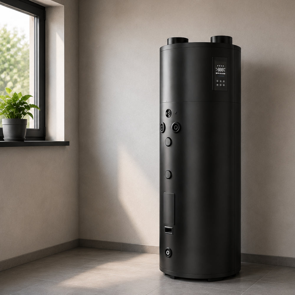 ThermoFlux TFBW-250: Schwarze Waermepumpe steht in einem hellen Raum neben einem Fenster | klimaworld.com