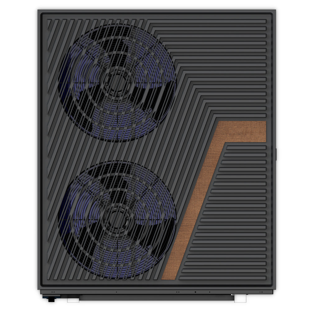 ThermoFlux Waermepumpe TFWP-18-Ph3+ frontal mit zwei Ventilatoren, dunklem Lamellengitter und Holzdekor | Klimaworld.com