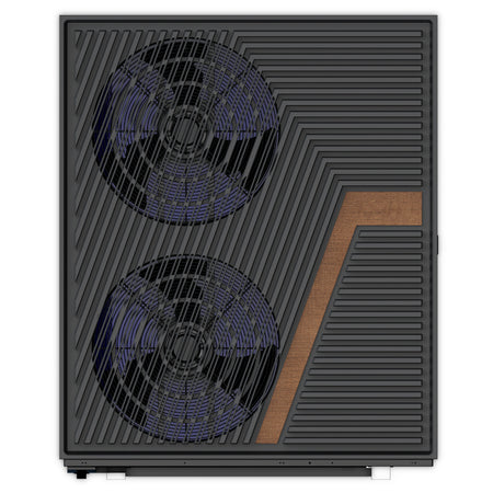 ThermoFlux Waermepumpe TFWP-18-Ph3+ frontal mit zwei Ventilatoren, dunklem Lamellengitter und Holzdekor | Klimaworld.com