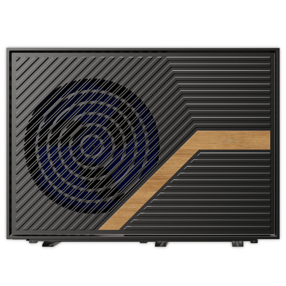 ThermoFlux Waermepumpe TFWP mit schwarzem Lamellengitter, rundem Ventilator links und holzfarbener Zierleiste | Klimaworld.com