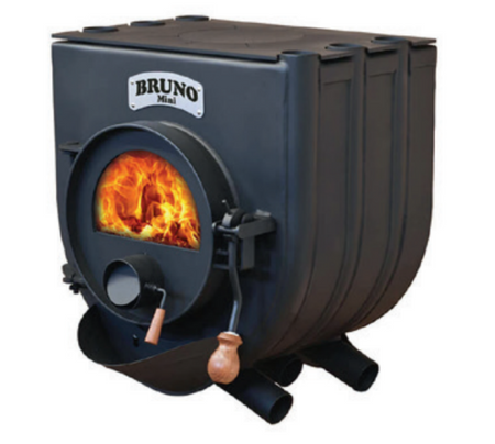 Bruno® Mini I Werkstattofen, schwarz und rund, mit Sichtfenster, Flammen, Holzgriff und Rohrfuessen sowie Kochplatte | Klimaworld.com
