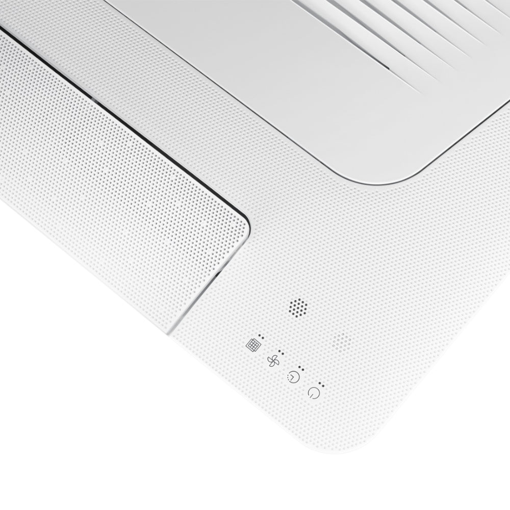 Detailansicht Samsung 1-Wege-Deckenkassette WindFree in Weiss mit gelochter Frontblende, LED-Anzeigen und aufgedruckten Funktions-Symbolen | Klimaworld.com