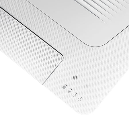 Detailansicht Samsung 1-Wege-Deckenkassette WindFree in Weiss mit gelochter Frontblende, LED-Anzeigen und aufgedruckten Funktions-Symbolen | Klimaworld.com