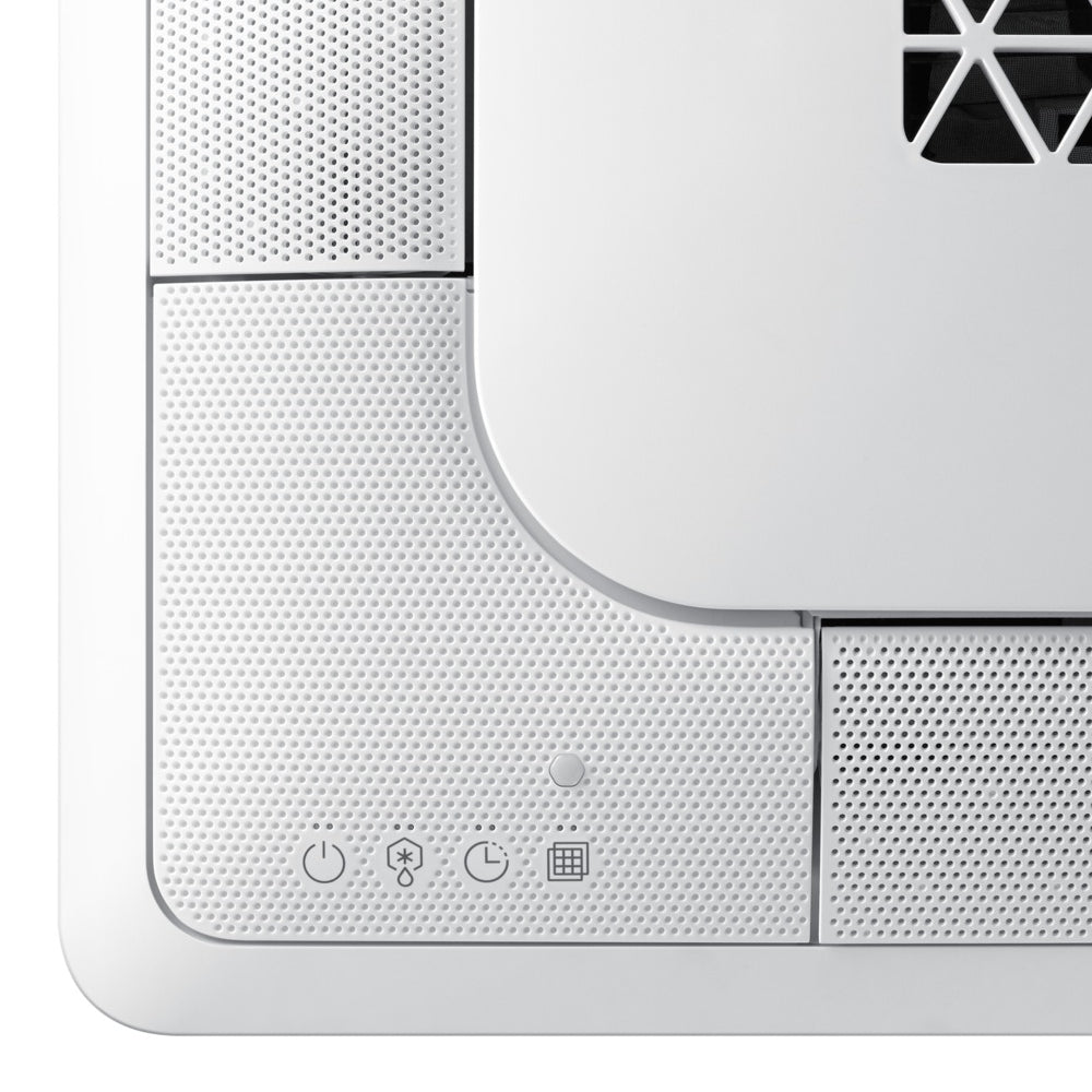 Detailansicht Samsung WindFree 4-Wege-Deckenkassette mit weisser Frontblende, gelochter Oberflaeche und LED-Statusanzeigen in der Ecke | Klimaworld.com