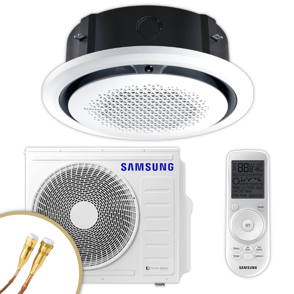 Samsung Klimaanlagen-Set: 360°-Airflow-Deckenkassette WindFree 7,1 kW rundes Innengeraet, quadratisches Aussengeraet, weisse Fernbedienung, Quick-Connect Anschluesse | Klimaworld.com