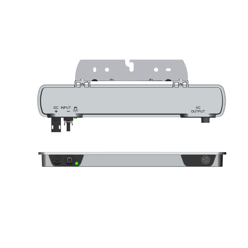 Grauer Wechselrichter von AE Conversion in der Detailansicht seiner Anschluesse | klimaworld.com