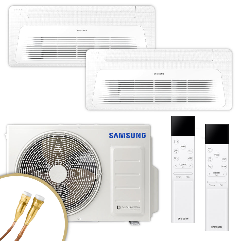 Samsung WindFree Multisplit Set mit Aussengeraet, zwei 1-Wege-Deckenkassetten und zwei Fernbedienungen in Weiss | Klimaworld.com
