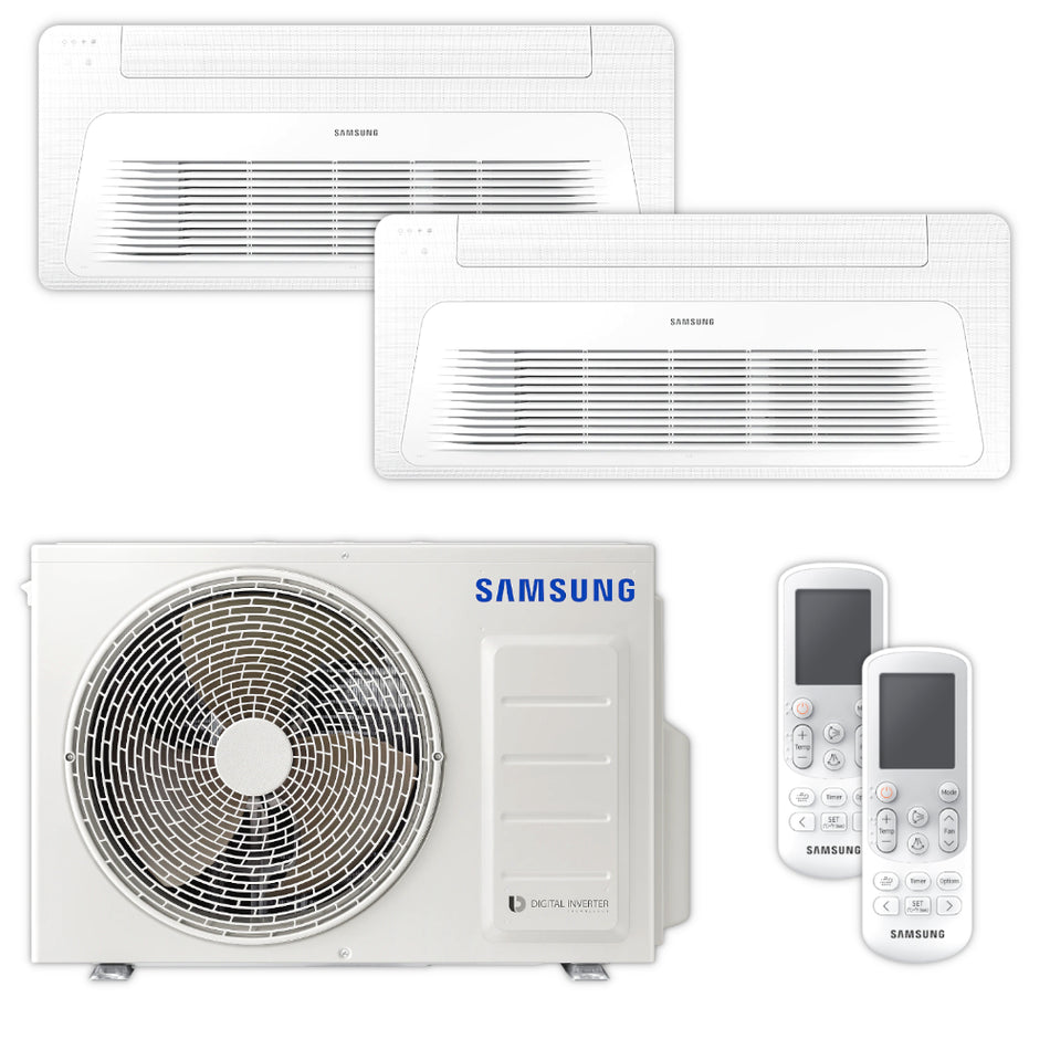 Samsung WindFree Multisplit Set mit Aussengeraet, zwei 1-Wege-Deckenkassetten und zwei Fernbedienungen in Weiss | Klimaworld.com