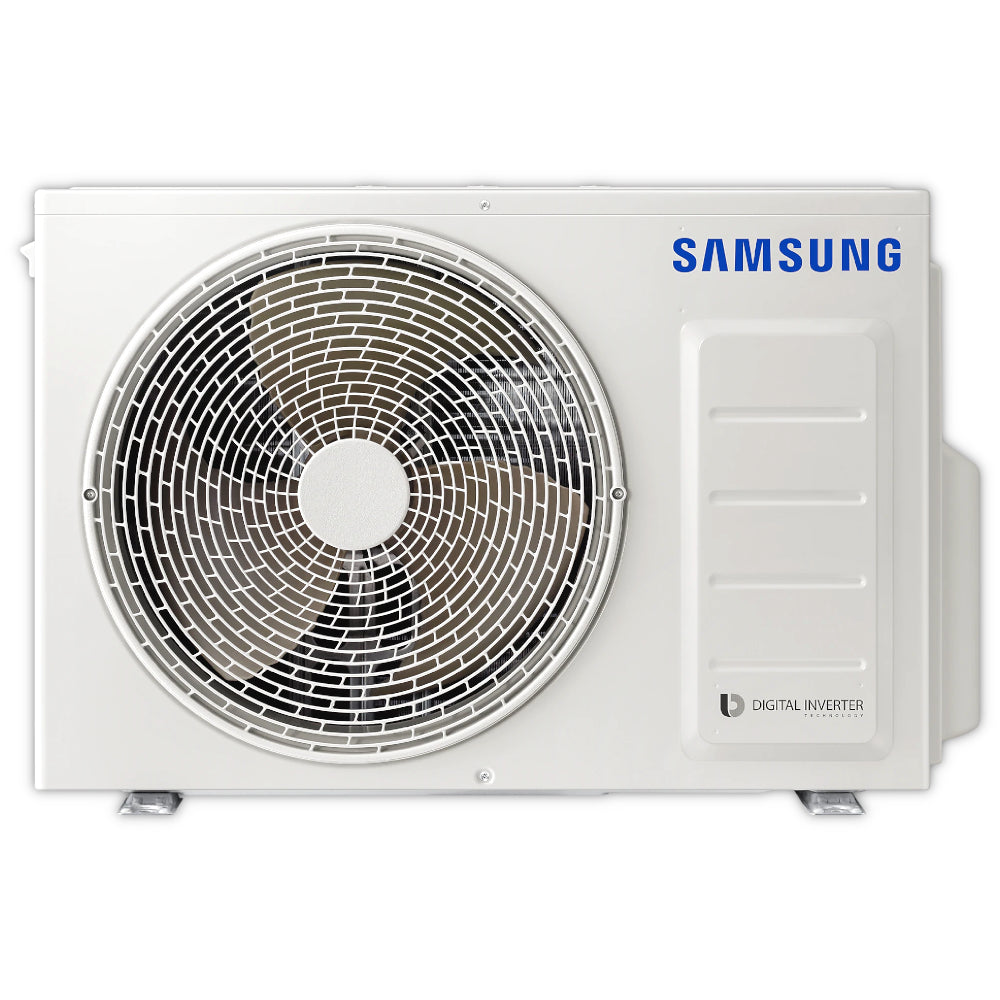 Samsung NASA Aussengeraet in Weiss mit seitlichem SAMSUNG Logo, grossem Lueftergitter und Digital Inverter Aufschrift | Klimaworld.com