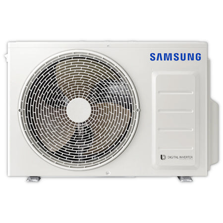 Samsung NASA Aussengeraet in Weiss mit seitlichem SAMSUNG Logo, grossem Lueftergitter und Digital Inverter Aufschrift | Klimaworld.com