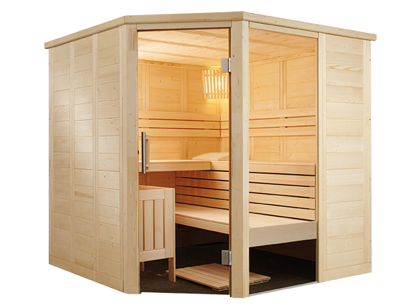 Sentiotec Sauna Set Alaska Corner mit Saunaofen Viking Combi und Steuerung K3-Next | klimaworld.com