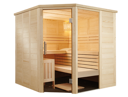 Sentiotec Sauna Set Alaska Corner mit Saunaofen Viking Combi und Steuerung K3-Next | klimaworld.com