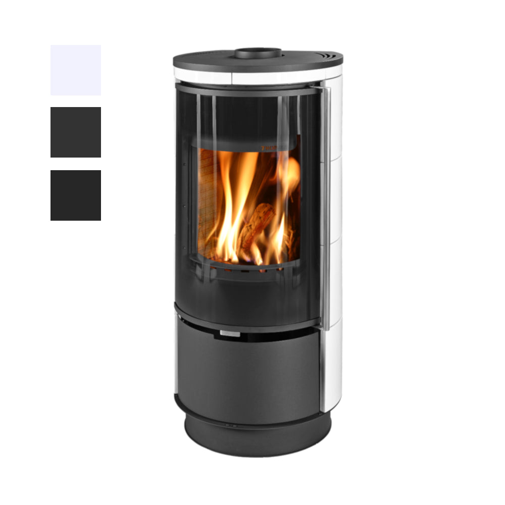 Thorma Kaminofen ANDORRA EXTRA Keramik Frontalansicht mit Beispiel Flammenbild, Farbauswahl | klimaworld.com