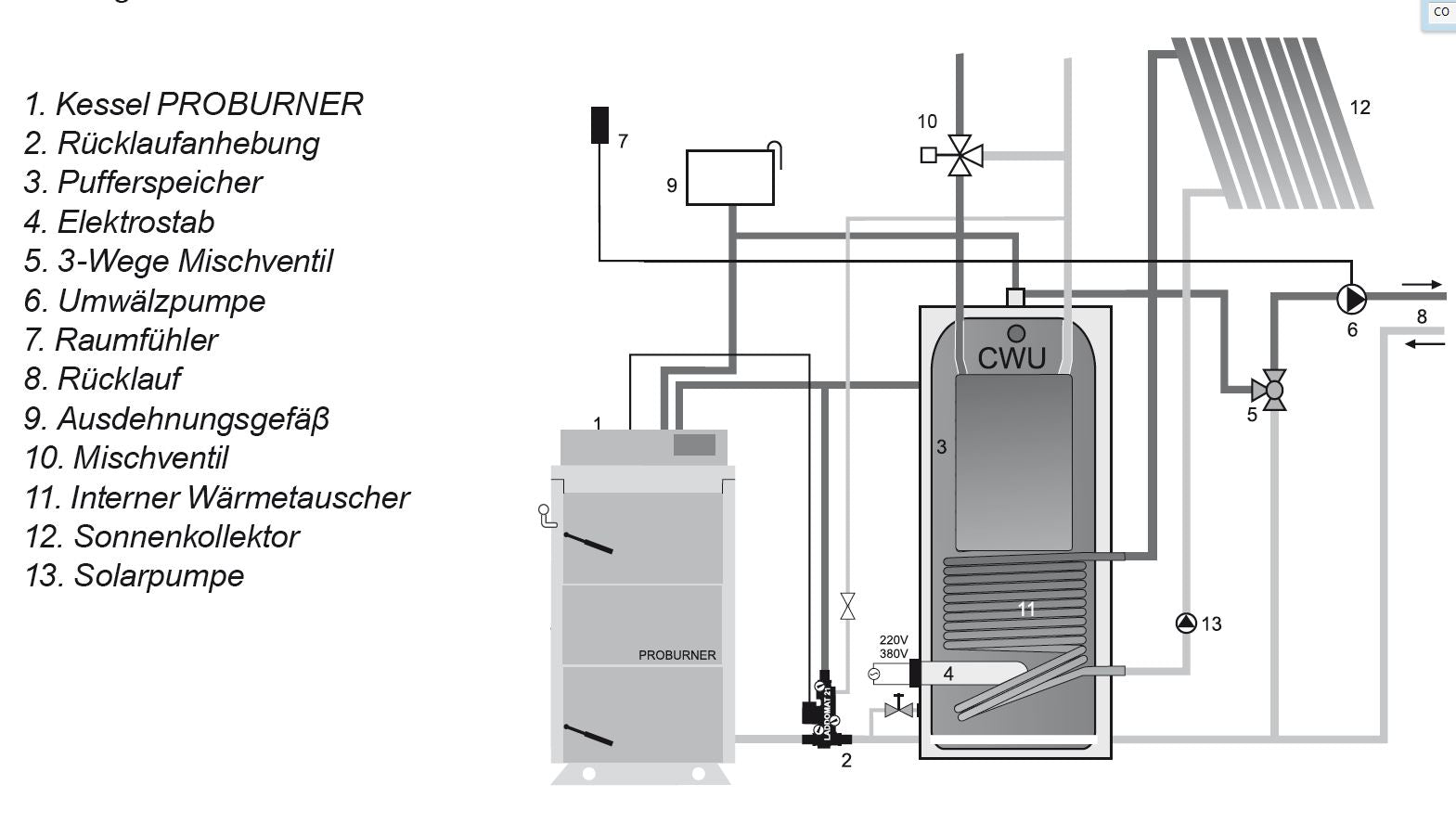 Santer Solar Holzvergaser Proburner Komplettsset 60 kW 1x3000L