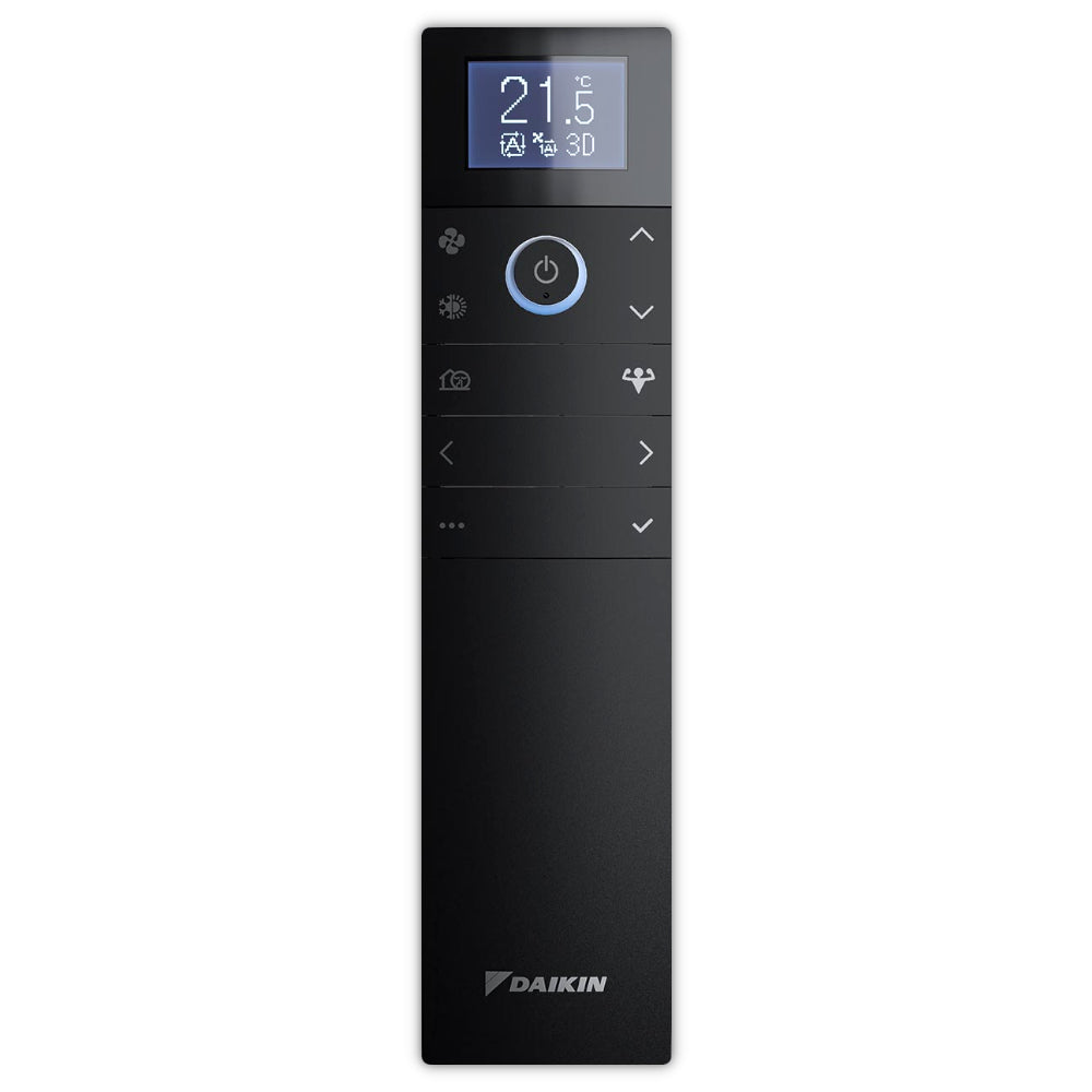 Daikin Emura Fernbedienung in Schwarz mit Display, Tasten und angezeigter Temperatur 21.5 Grad | Klimaworld.com