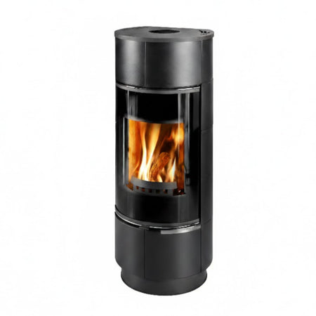Runder Thorma Kaminofen ATIKA PLUS mit Grafit matter Steinverkleidung, gebogener Glasscheibe und Feuer | Klimaworld.com