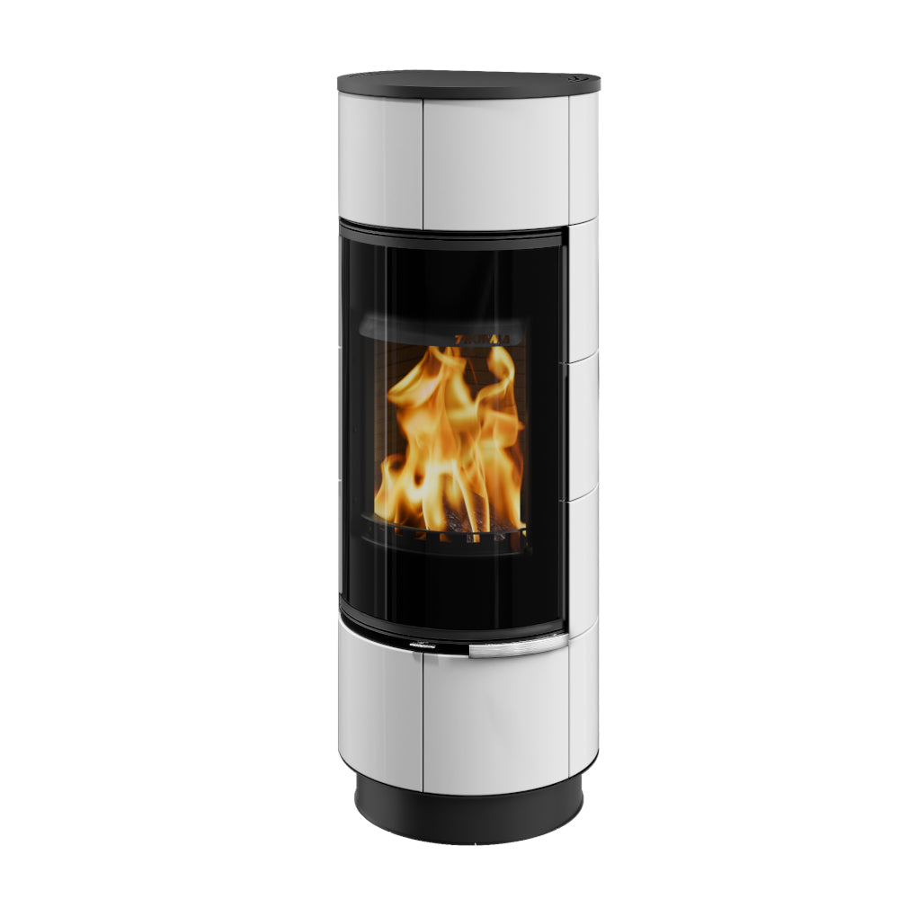 Runder Thorma Kaminofen ATIKA PLUS mit weisser Steinverkleidung, gebogener Glasscheibe und Feuer | Klimaworld.com
