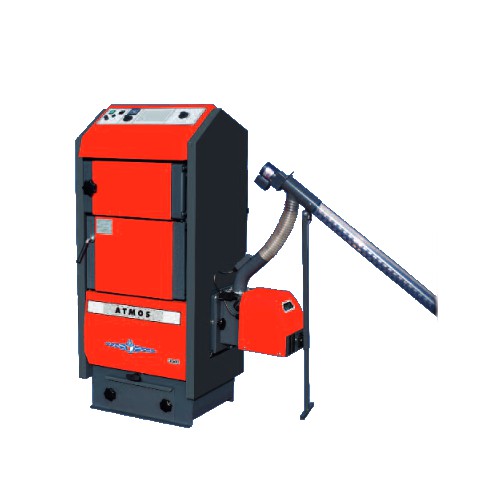 Atmos roter Pelletkessel P40 mit Beispiel Holznotbetrieb an der rechten Seite | klimaworld.com