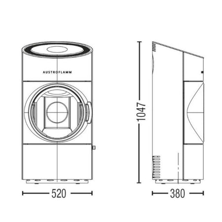 Austroflamm Kaminofen | Clou Compact 2.0 | selbstschließende Tür | 6 kW | Technische Zeichnung 