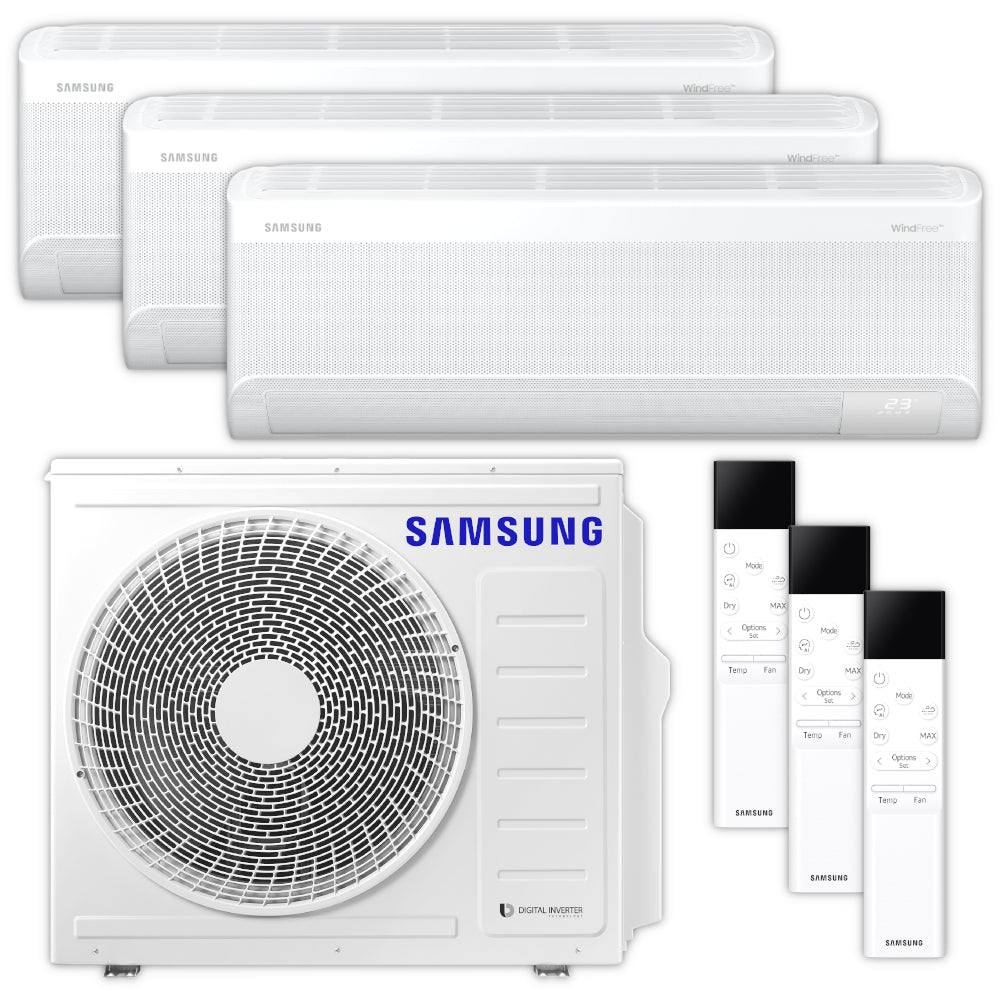 Samsung Klimaanlagen-Set mit 3 weissen Wandgeraeten WindFree Avant AR70F09C1AWNEU, NASA Aussengeraet, 3 Fernbedienungen | Klimaworld.com