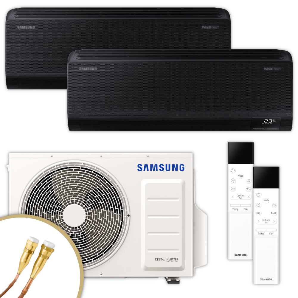 Samsung Klimaanlagen-Set mit 2 schwarzen Wandgeraeten WindFree Avant AR70F12C1ABNEUm NASA Aussengeraet und Quick-Connect Anschlüssen | Klimaworld.com