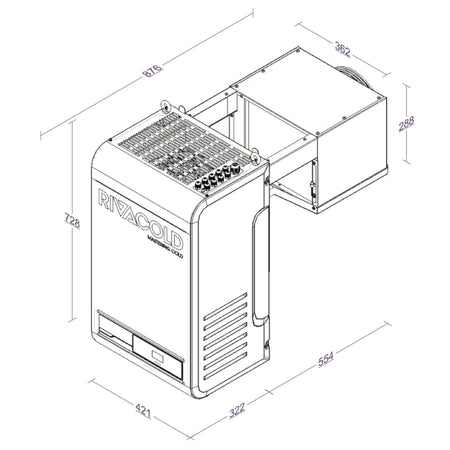Rivacold Huckepack Kühlaggregat für Kühlzelle für Tiefkühlung, Abmessungen | klimaworld.com