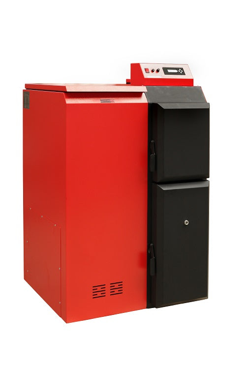 Roter Thermoflux Pelling 25 ECO Pelletkessel mit schwarzer Front und Steuerdisplay auf der Oberseite, Pelletbehaelter links | Klimaworld.com