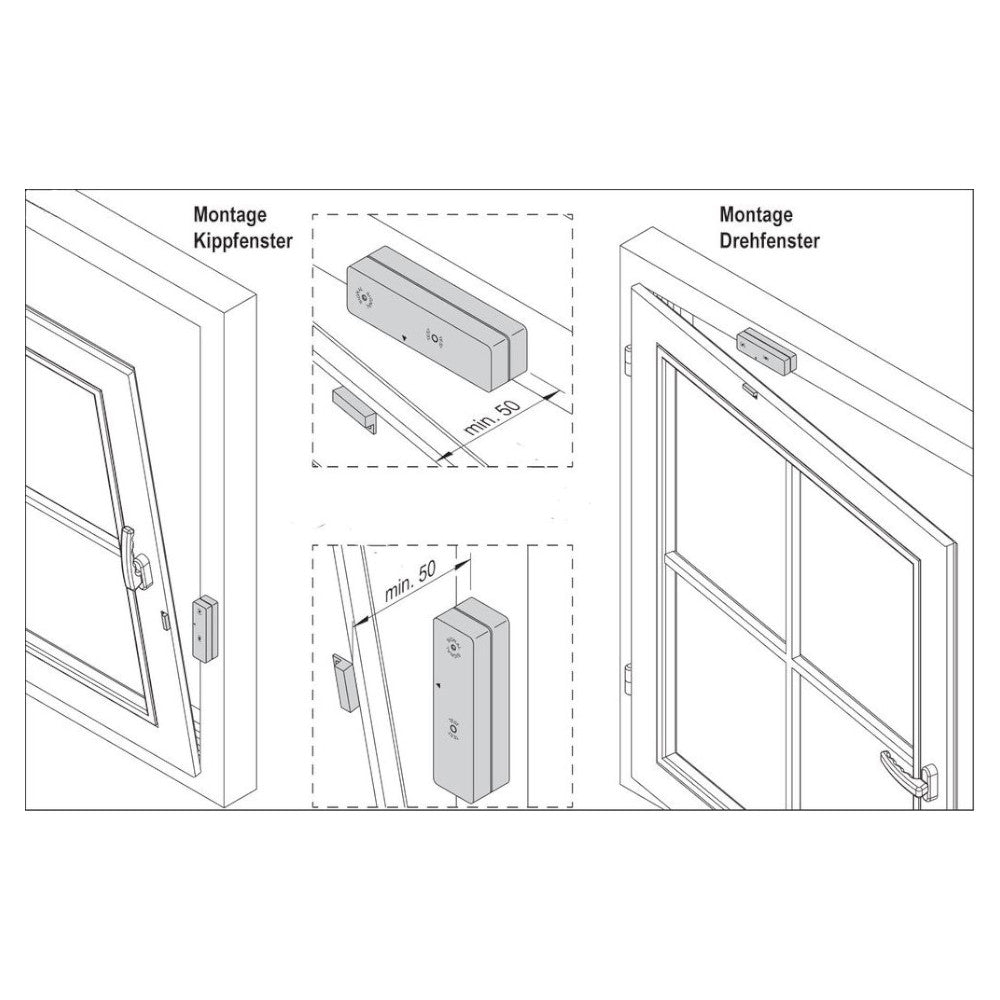 Technische Zeichnung des BROKO Funksender Fensterkontakts | klimaworld.com