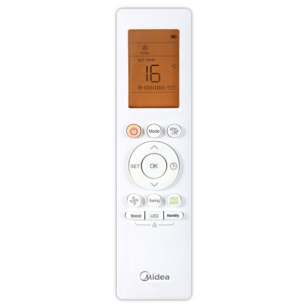 Weisse Fernbedienung Midea BreezelessE mit orangefarbenem Display und runden Bedientasten fuer verschiedene Modi | Klimaworld.com