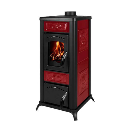 Bruno Kaminofen mit Keramikkacheln in Bordeauxrot