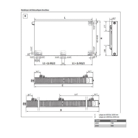 Buderus Waermepumpenheizkoerper Logatrend VC-Plan WP+ | Ansicht Heizkörper mit linksseitigem Anschluss