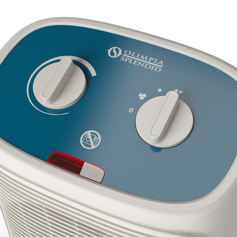 Detailansicht: Olimpia Splendid Heizluefter Caldo Rock M mit blauem Bedienfeld, zwei weissen Drehknoepfen und roter Kontrollleuchte | Klimaworld.com