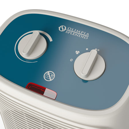 Detailansicht: Olimpia Splendid Heizluefter Caldo Rock M mit blauem Bedienfeld, zwei weissen Drehknoepfen und roter Kontrollleuchte | Klimaworld.com