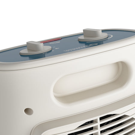 Olimpia Splendid Heizluefter Caldo Rock M mit integriertem Tragegriff und zwei Bedienknoepfen auf blauem Panel | Klimaworld.com
