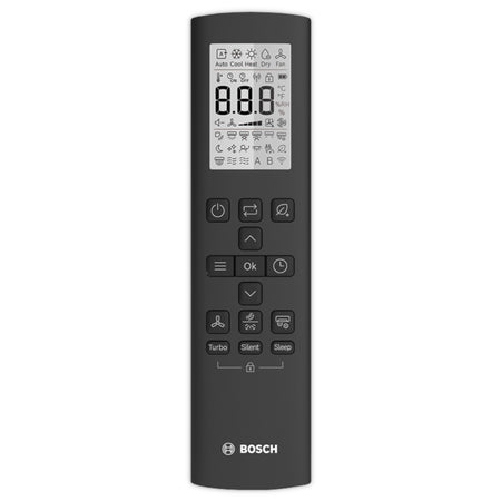BOSCH schwarze Fernbedienung mit Display, frontale Ansicht | Klimaworld.com