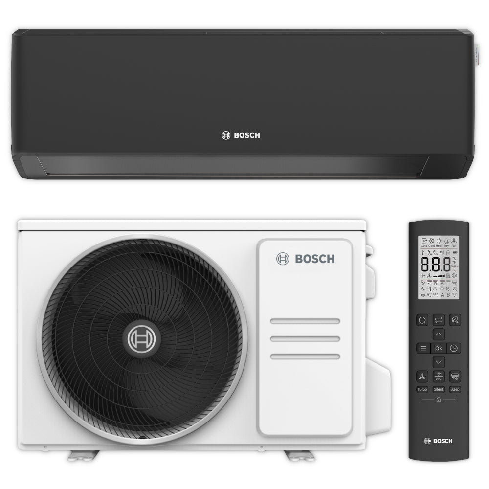 BOSCH Split-Klimaanlage CL7000i 26 EB mit unauffaellig schwarzem Wandgeraet, Aussengeraet mit schwarzem Luefterrad und moderner schwarzer Fernbedienung | Klimaworld.com