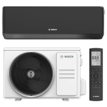 BOSCH Split-Klimaanlage CL7000i 26 EB mit unauffaellig schwarzem Wandgeraet, Aussengeraet mit schwarzem Luefterrad und moderner schwarzer Fernbedienung | Klimaworld.com